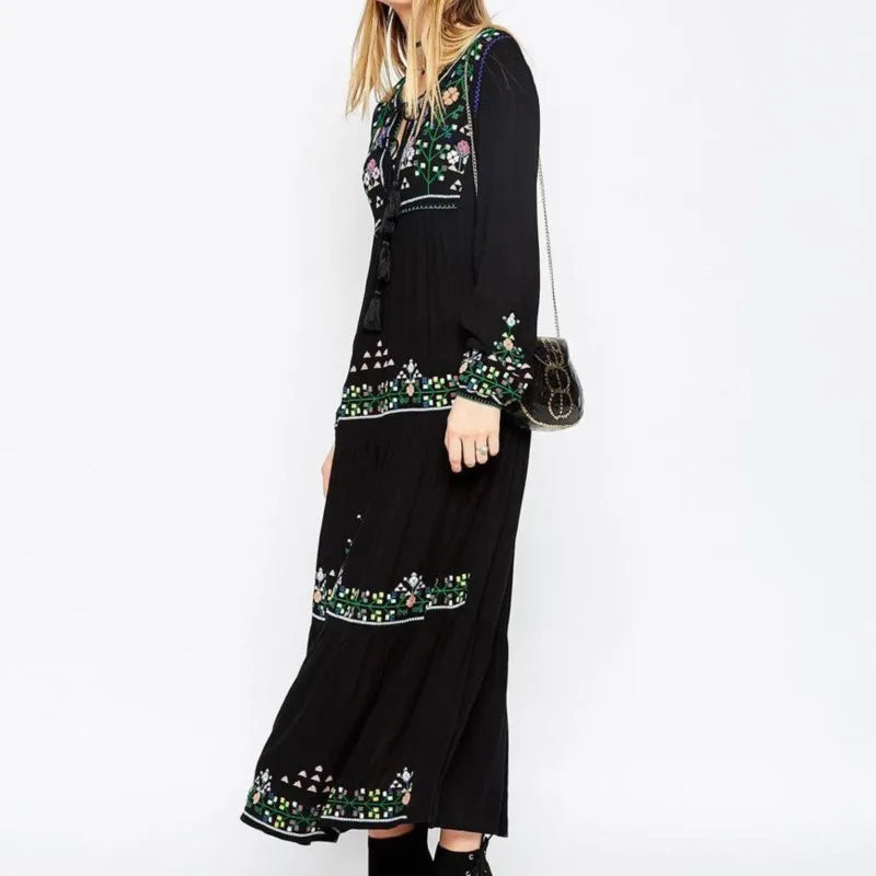Black Embroidered Maxi Dress | Boho Folk Ankle-Length Gown