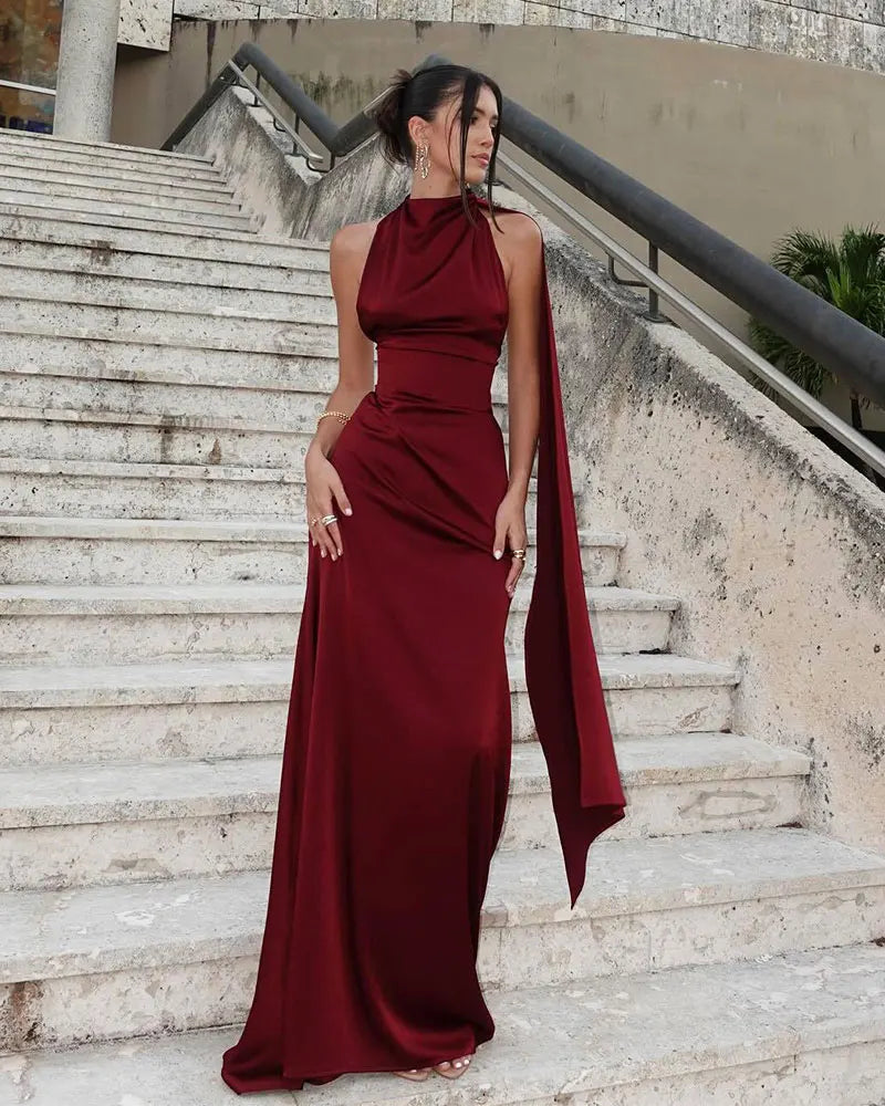 Burgundy Satin Halter Gown | Elegant Open-Back Evening Dress