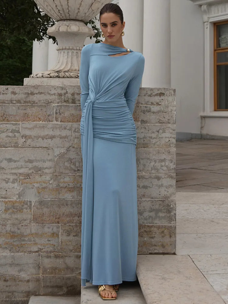 Light Blue Ruched Long Sleeve Maxi Dress – Elegant Autumn Club Gown