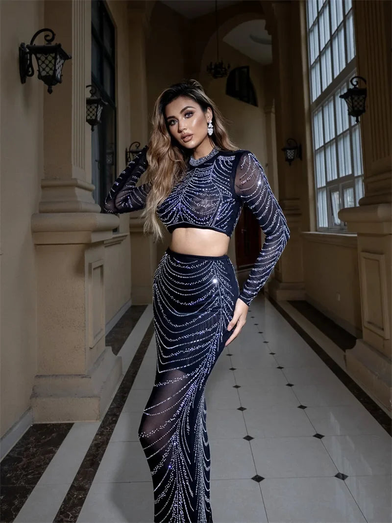 Black Sequin Crop Top & Maxi Skirt Set | Luxe Gala Party Look