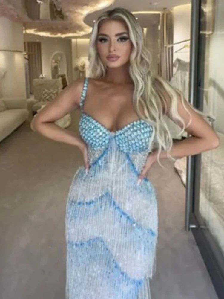Blue Crystal Tassel Gown | Sweetheart Bustier Strap Evening Dress