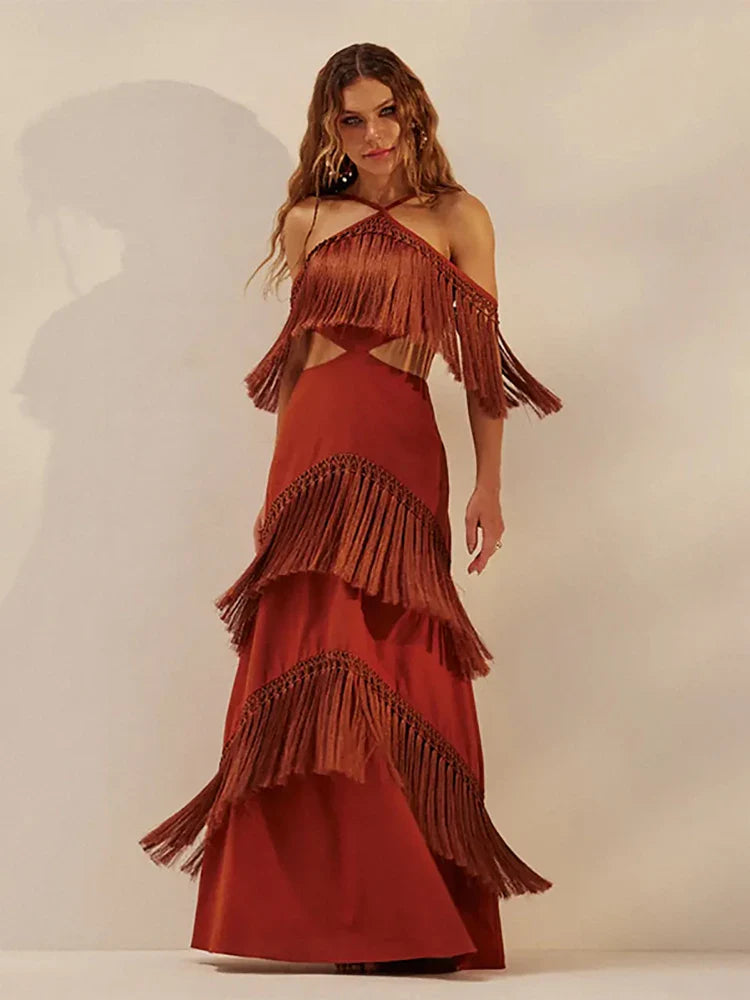 Fringe Halter Hollow Out Bandage Dress | Sleeveless Tassel Evening Gown