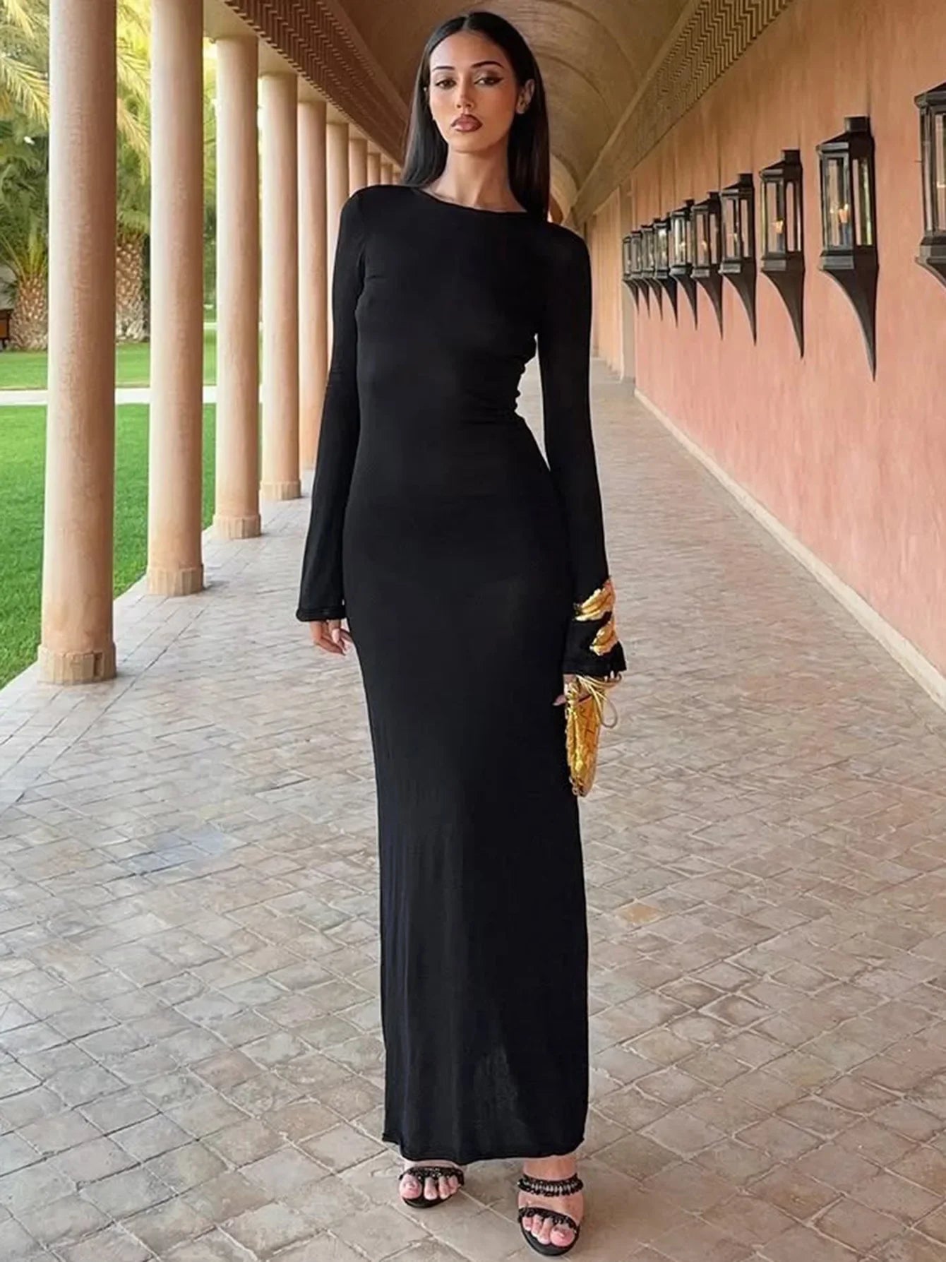 Backless Black Knit Maxi Dress | Gold Detail Event Look