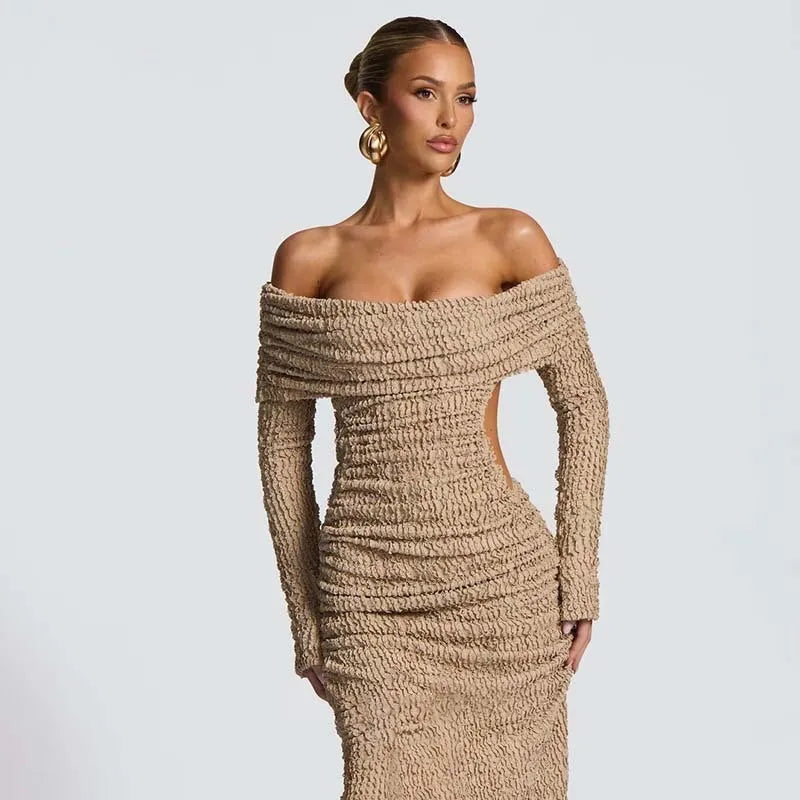 Beige Off-Shoulder Pleated Long Dress | Cozy Autumn Edit