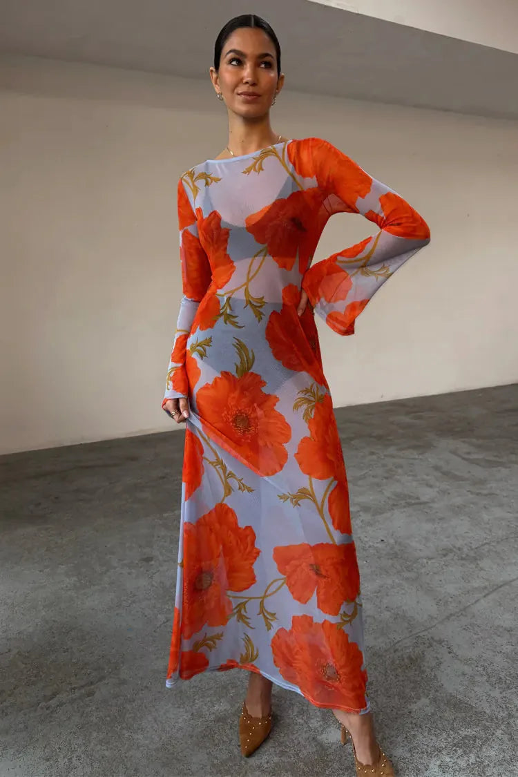Poppy Floral Long-Sleeve Maxi Dress, Blue, Red