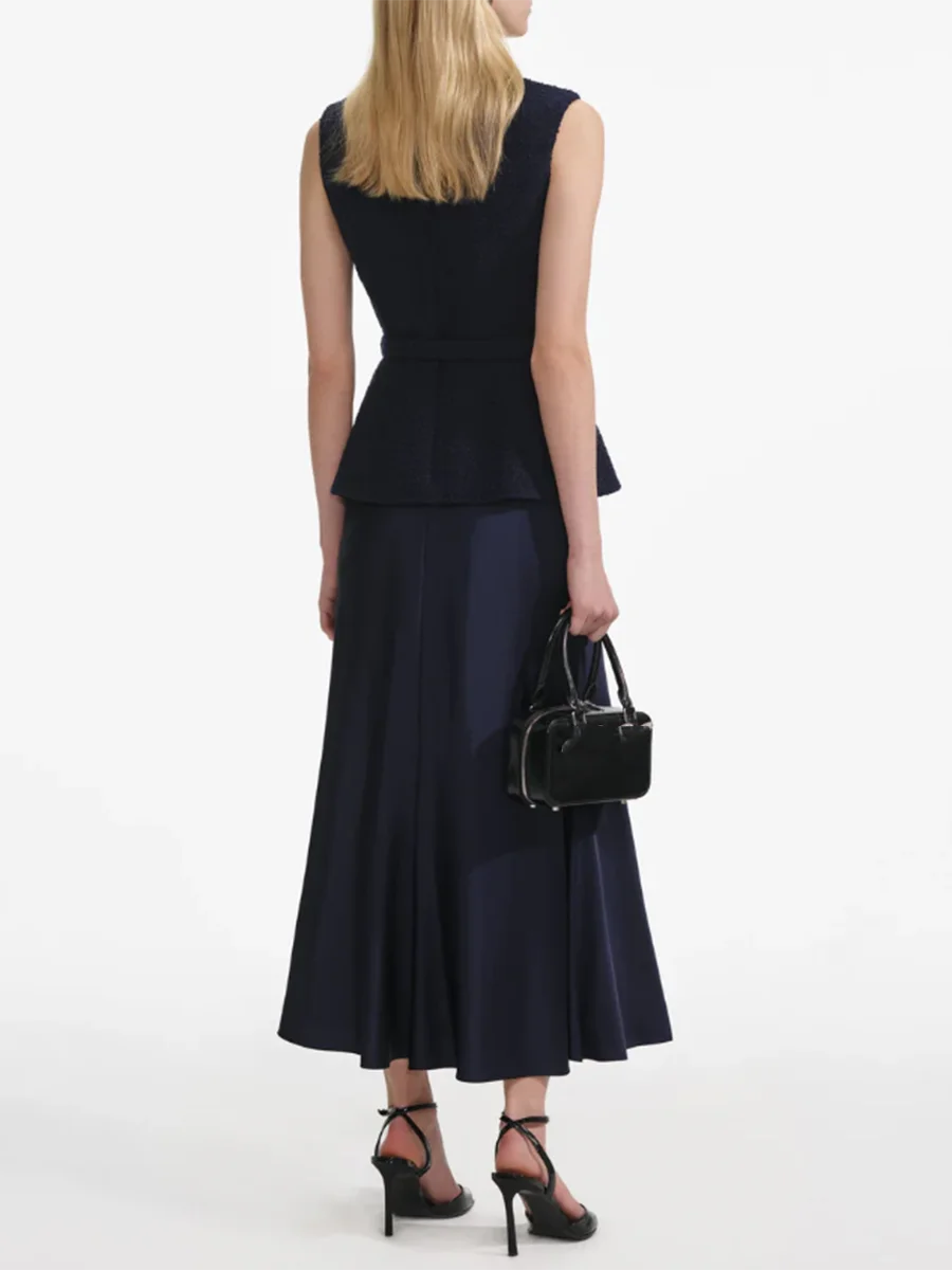 Navy Buttoned Skirt Set | Sleeveless Two-Piece Office Look