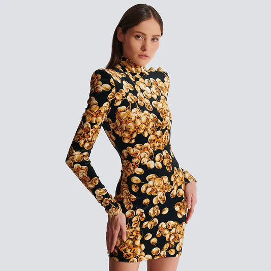 Gold Floral Velvet Bodycon Mini Dress | Luxe Party Statement