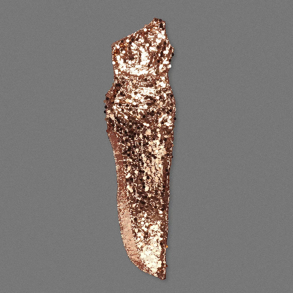 Gold Sequined One-Shoulder Slim Midi Dress