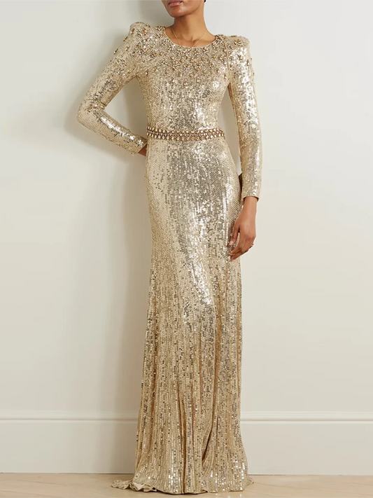 Gold & Black Sequin Gown | Elegant Long Sleeve Evening Dress