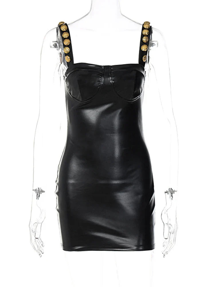 Faux Leather Mini Dress | Gold Button Strap Statement