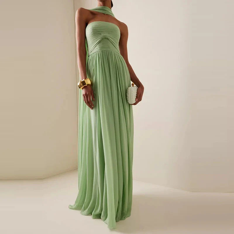Emerald Pleated Off-Shoulder Dress | Elegant Evening Silhouette