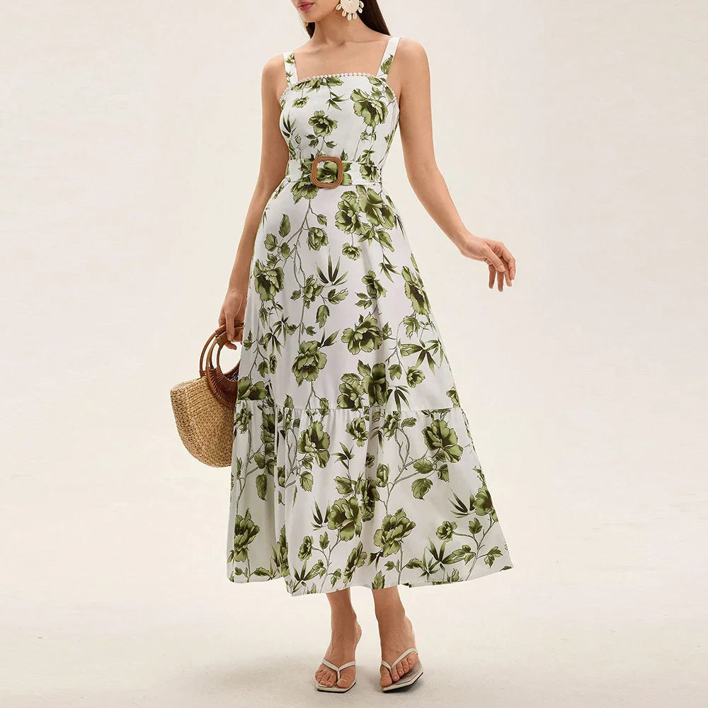 Green Floral Belted Maxi Dress | Square Neck Sundress for Late Summer