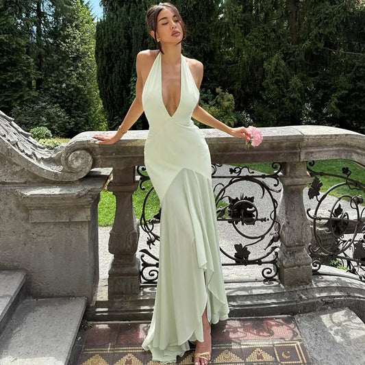 Green Halter Deep V Backless Maxi Dress