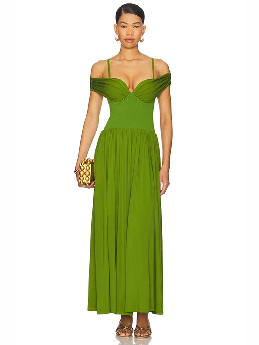 Green Off-Shoulder Pleated Maxi Dress | Elegant Evening & Cocktail Wear