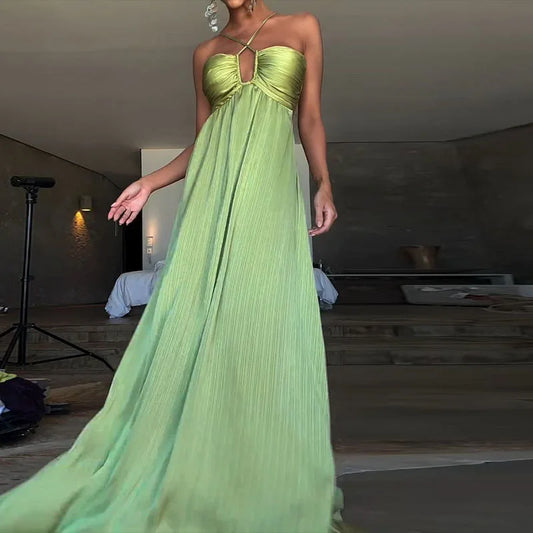 Green Pleated Satin Maxi Dress | Flowing Halter Vacation Look