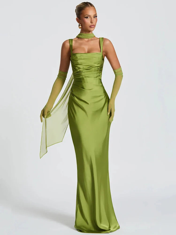 Green Square-Neck Gown with Gloves | Elegant Ankle-Length Dress