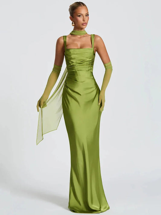 Green Square-Neck Gown with Gloves | Elegant Ankle-Length Dress