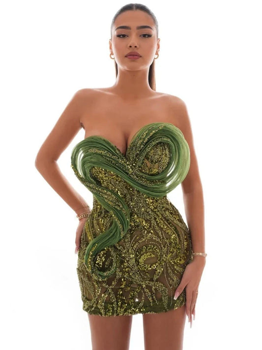 Green Strapless 3D Mesh Sequin Mini Dress | Sparkly Cocktail Gown