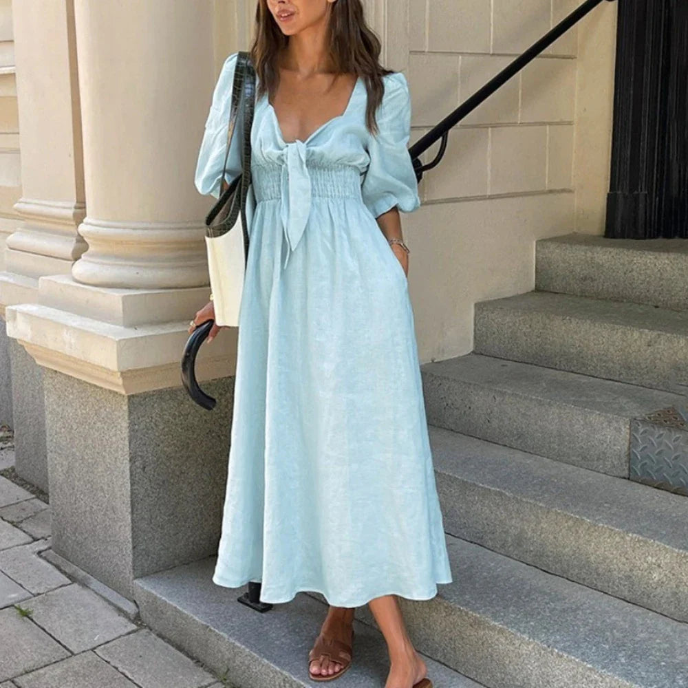 Light Blue A-Line Linen Dress | Lace-Up V-Neck Autumn Midi