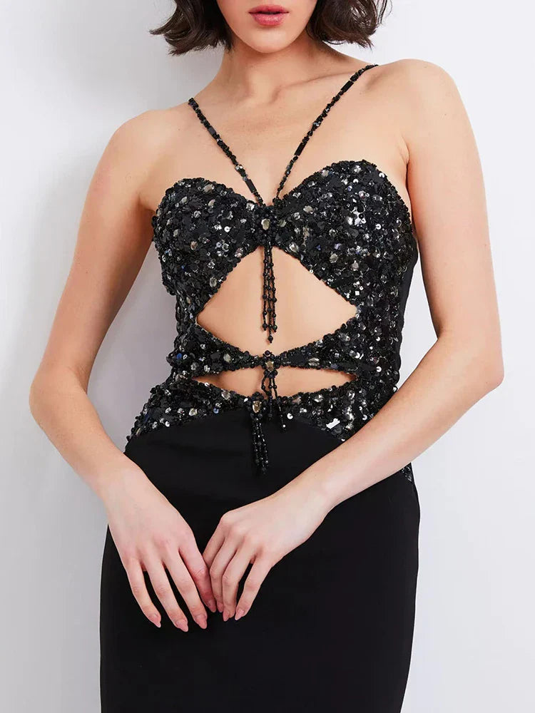 Black White Crystal Beaded Halter Dress | Backless Midi Gown