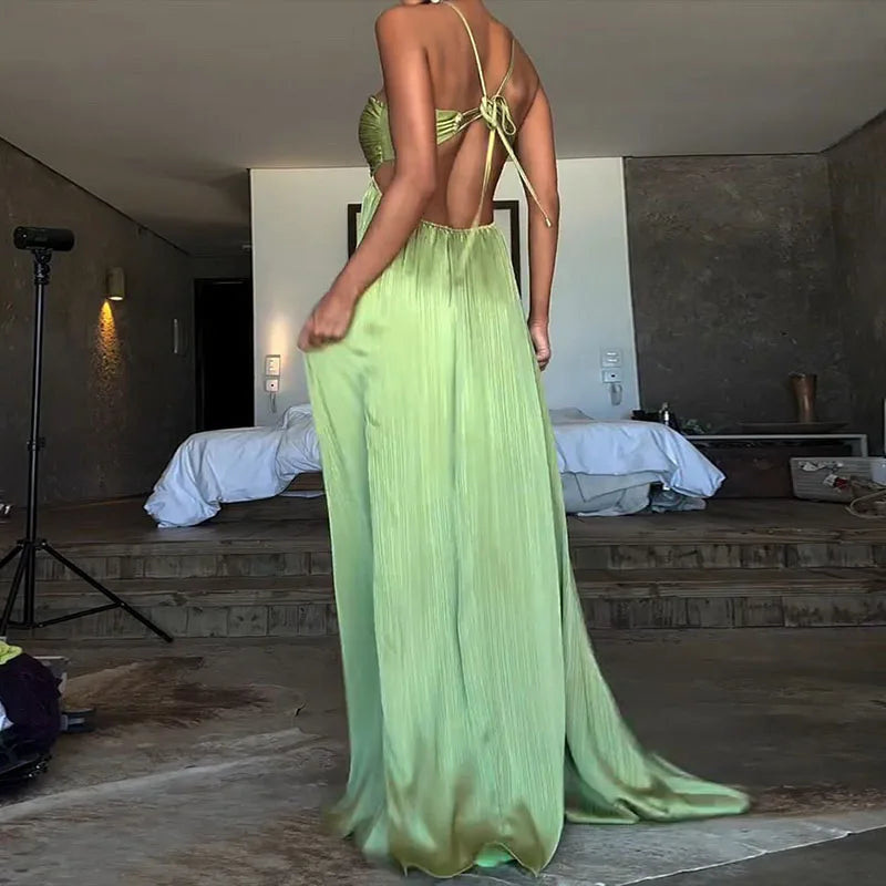 Green Pleated Satin Maxi Dress | Flowing Halter Vacation Look