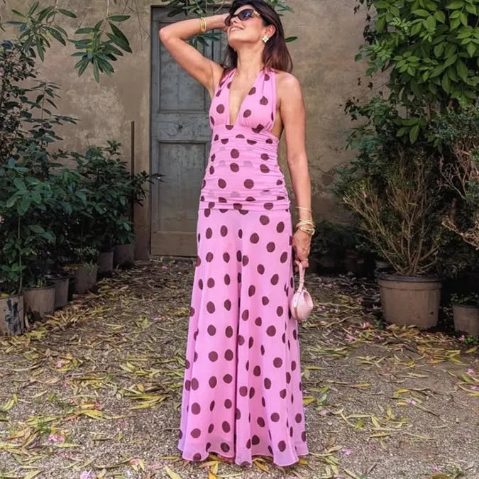 Pink Polka Dot Chiffon Halter Maxi Dress – Elegant Beach Style