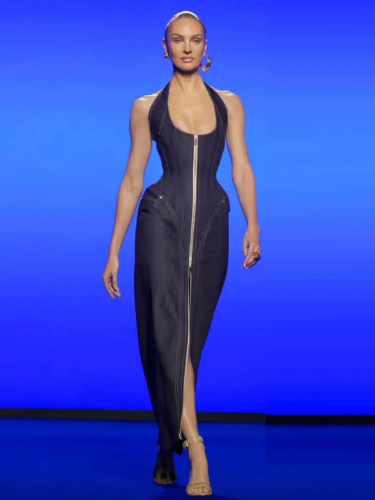 Denim Halter Neck Backless Maxi Dress