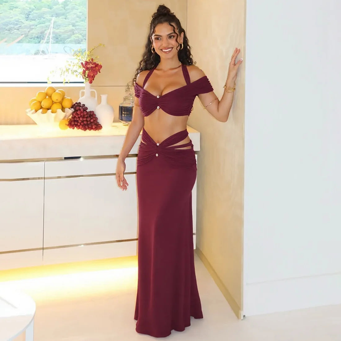 Burgundy Cutout Halter Two-Piece Set, Maxi Skirt