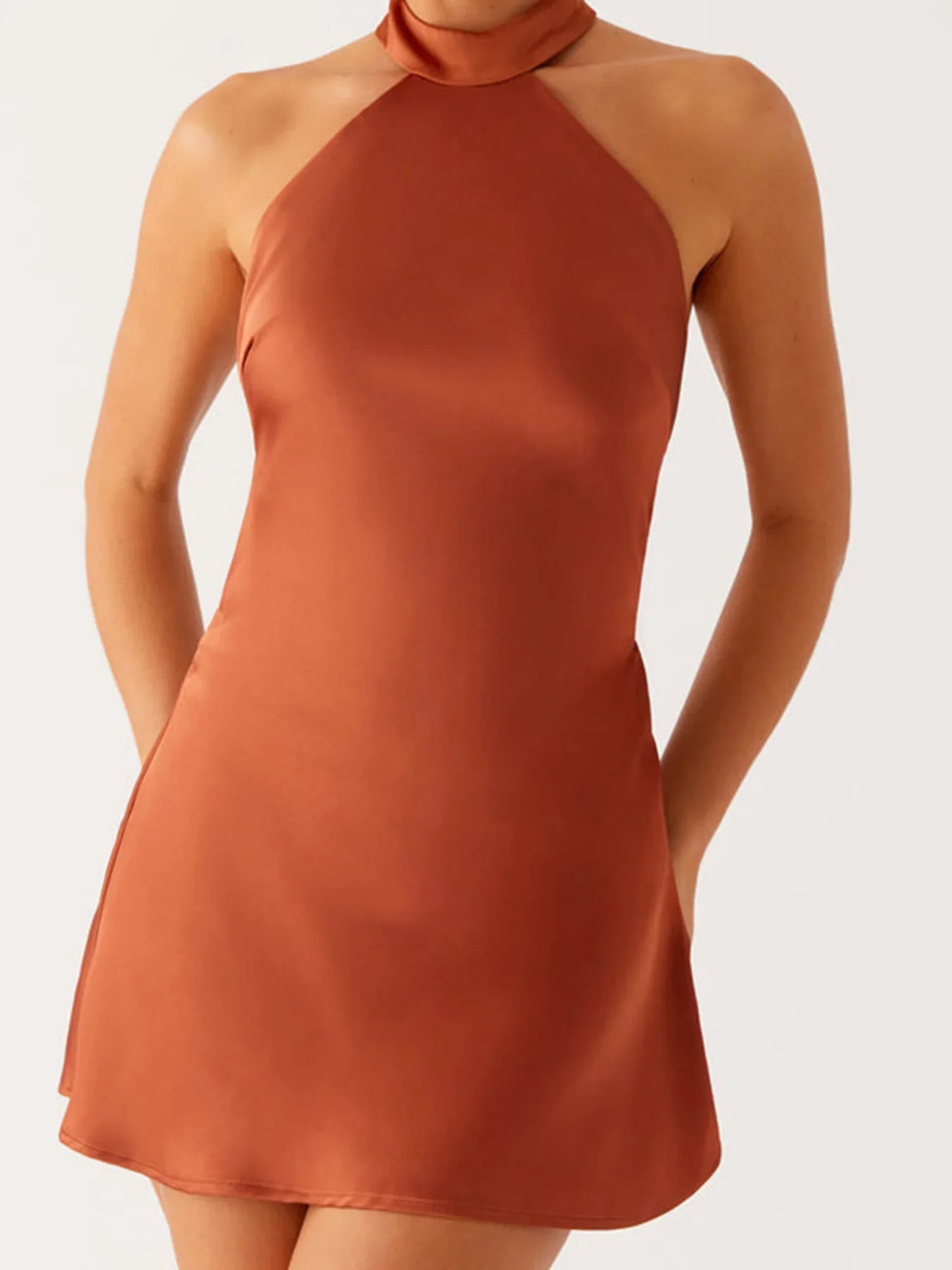 Rust Brown Halter Neck Mini Dress | Backless A-Line Summer