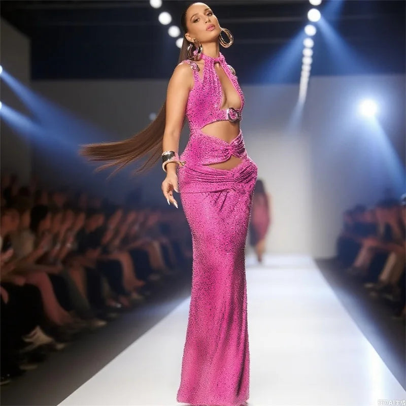 Cutout Pink Crystal Gown | Runway Halter Jersey Party Dress