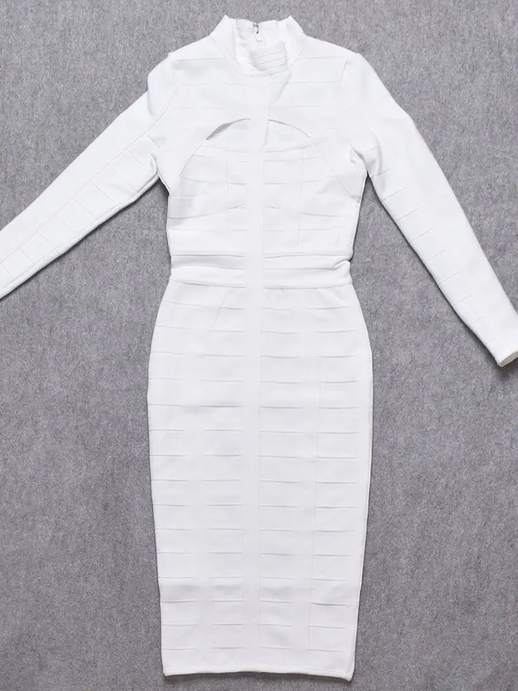 White High Neck Cut Out Midi Dress | Sleek Long Sleeve Bodycon