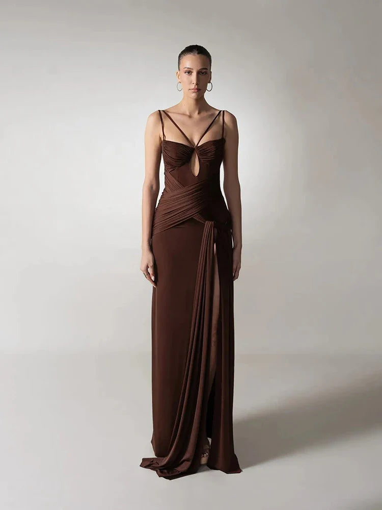 Hollow Out Sheath Gown | Spaghetti Strap High-Slit Maxi Dress