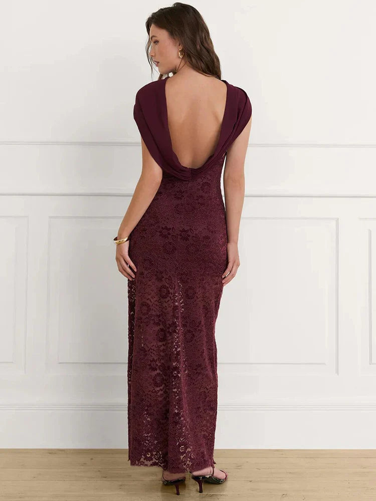 Wine Red Lace Maxi Dress | Off-Shoulder Party Gown