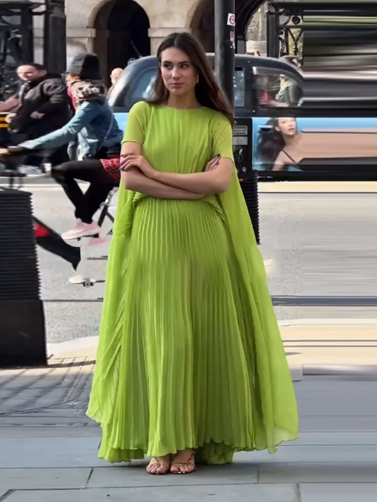 Chic Lime Green Pleated Maxi Dress – Backless