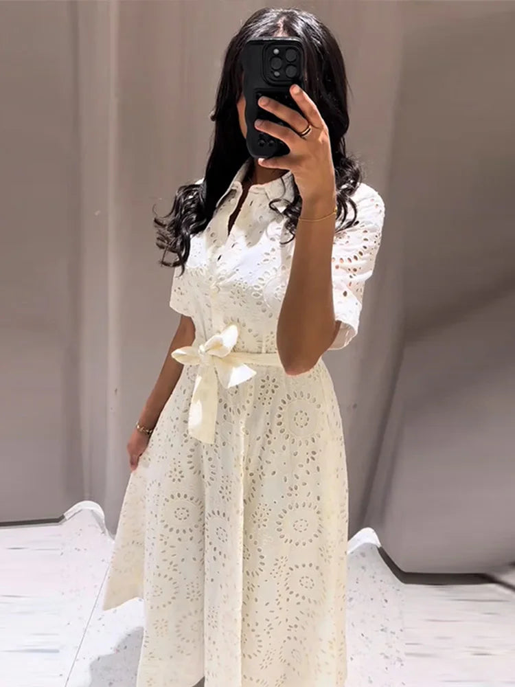 Elegant White Embroidered Belted Maxi Dress