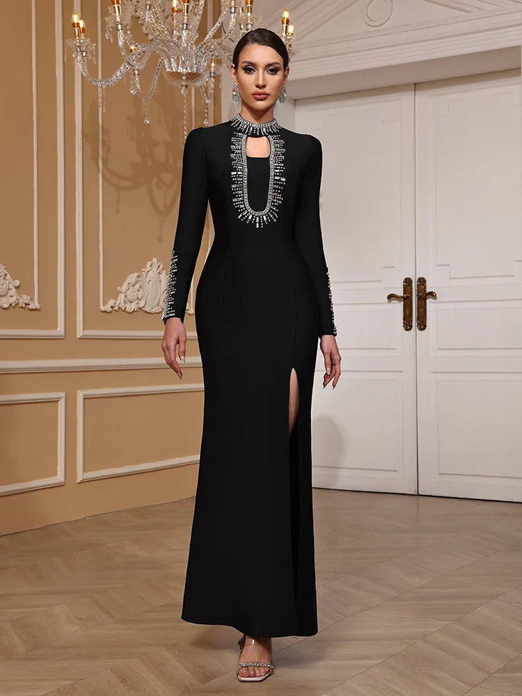 Black O Neck Diamond Bandage Dress | Hollow Out Sheath Gown