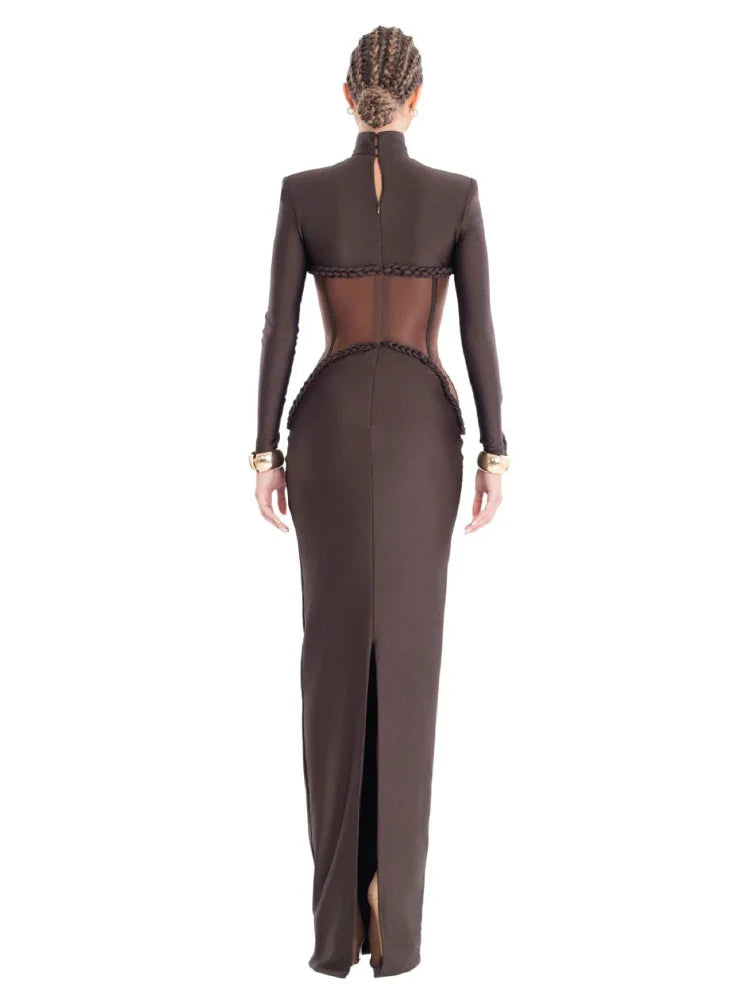 Sheer Mesh Turtleneck Maxi Dress | Hollow Out Bodycon Gown