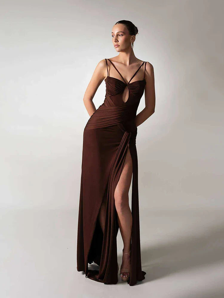 Hollow Out Sheath Gown | Spaghetti Strap High-Slit Maxi Dress