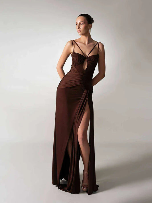 Hollow Out Sheath Gown | Spaghetti Strap High-Slit Maxi Dress