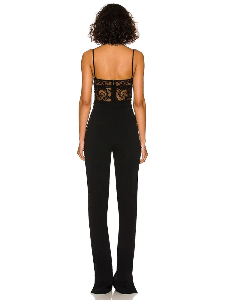Black Lace Bandage Jumpsuit | Spaghetti Strap Bodycon Suit