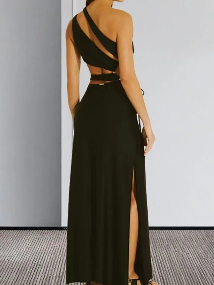 Black Cut-Out One Shoulder Maxi Dress – Summer Holiday Slim A-Line