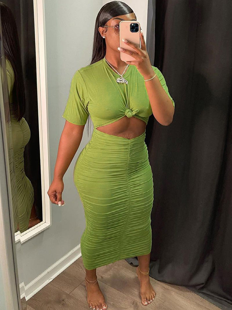 Two Piece Short Sleeve Crop Tops & Ruched Maxi Dress