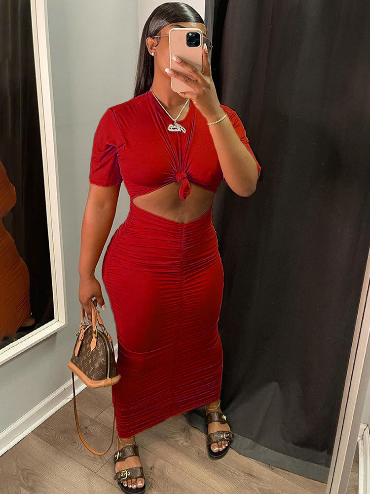 Two Piece Short Sleeve Crop Tops & Ruched Maxi Dress