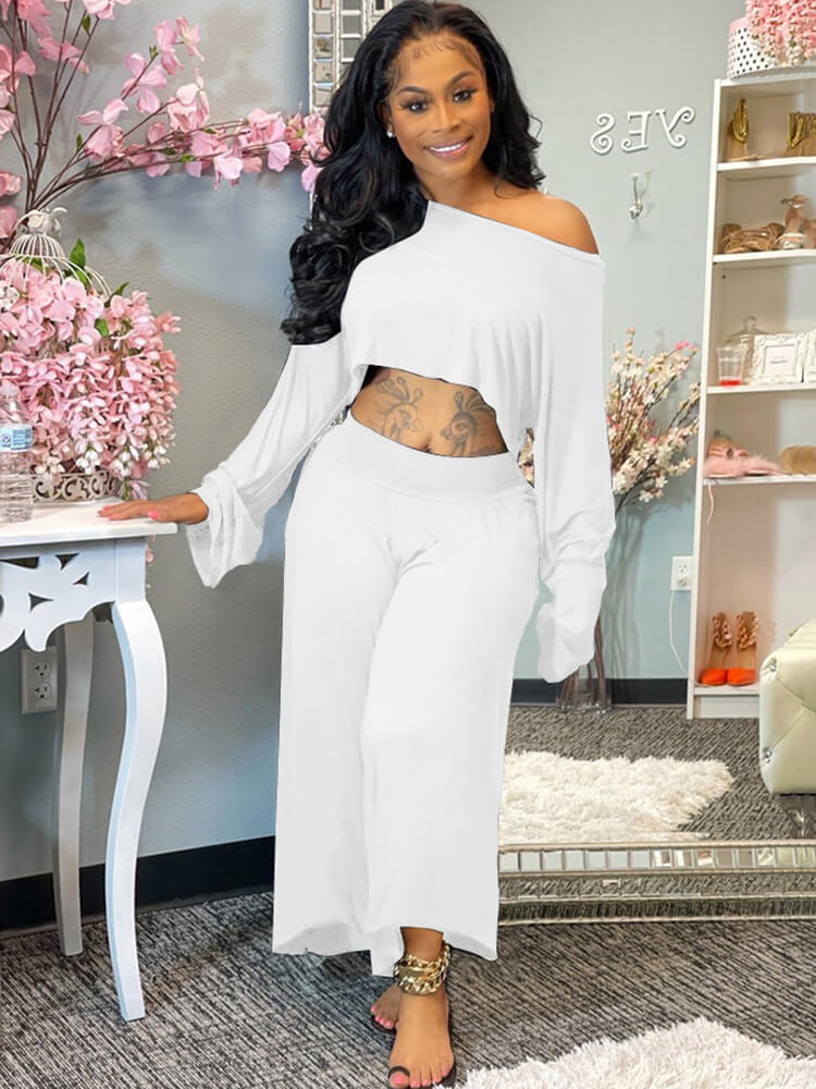 Two Piece One Shoulder Long Sleeve Crop Top Wide Leg Pants