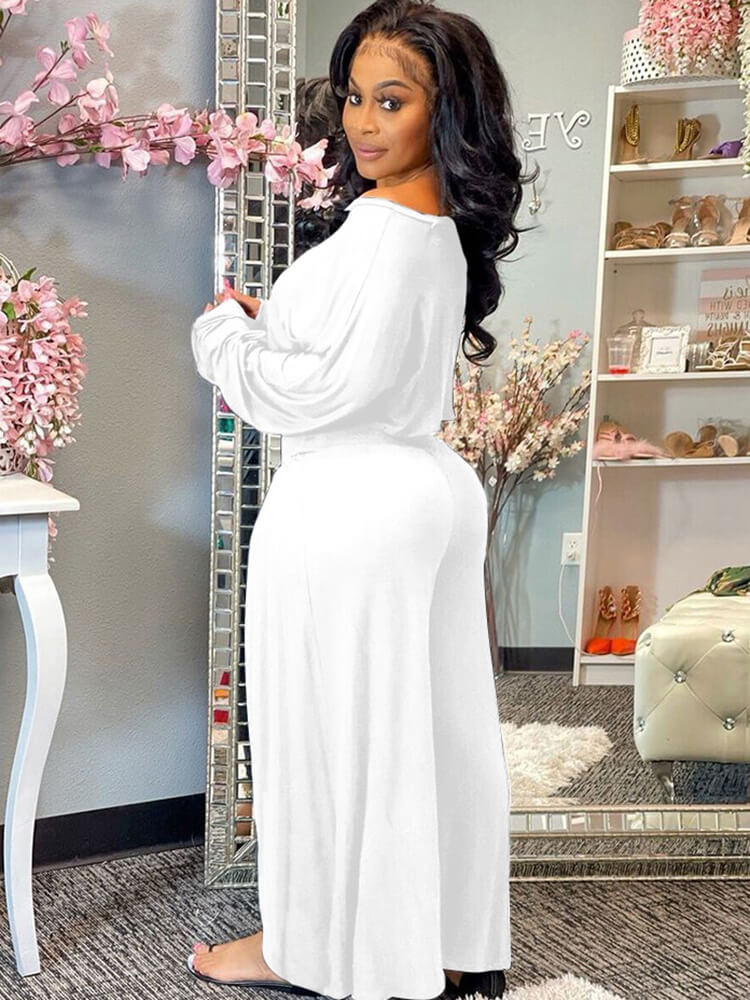 Two Piece One Shoulder Long Sleeve Crop Top Wide Leg Pants