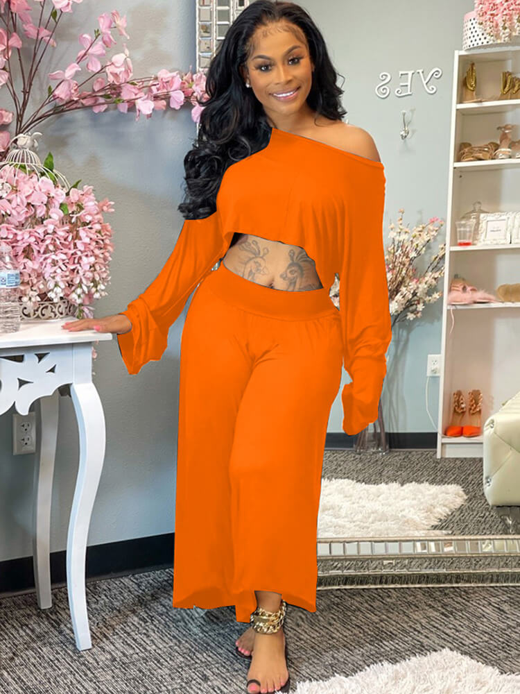 Two Piece One Shoulder Long Sleeve Crop Top Wide Leg Pants