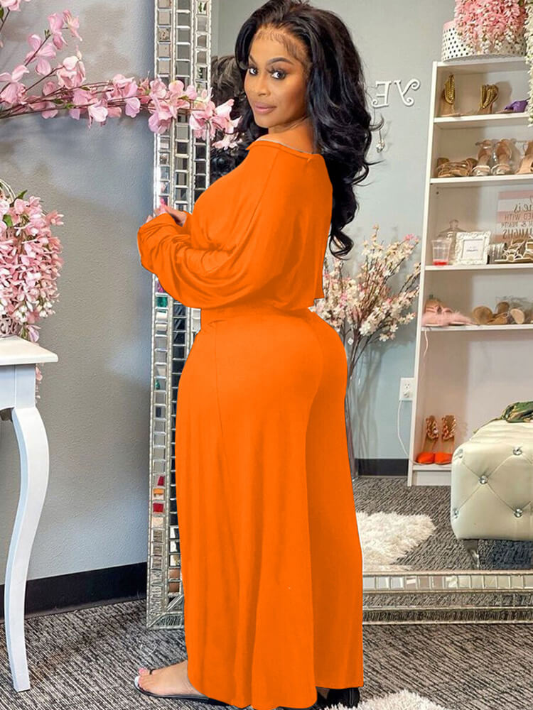 Two Piece One Shoulder Long Sleeve Crop Top Wide Leg Pants