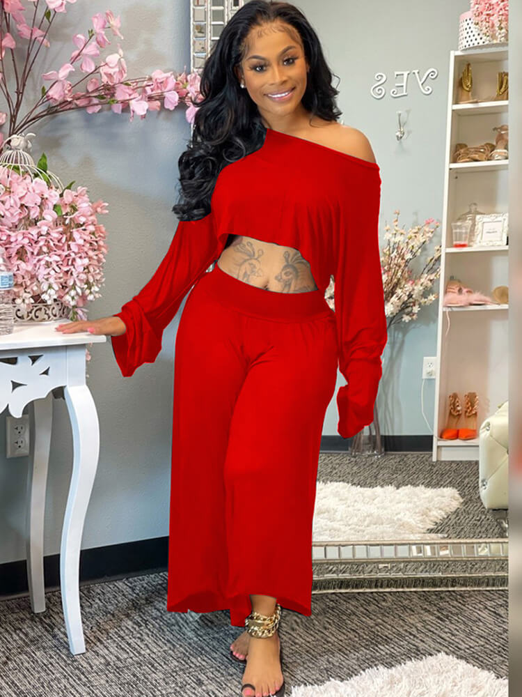 Two Piece One Shoulder Long Sleeve Crop Top Wide Leg Pants