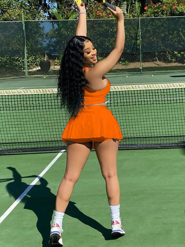Two Piece Sleeveless Tank Crop Top & Pleated Mini Skirt