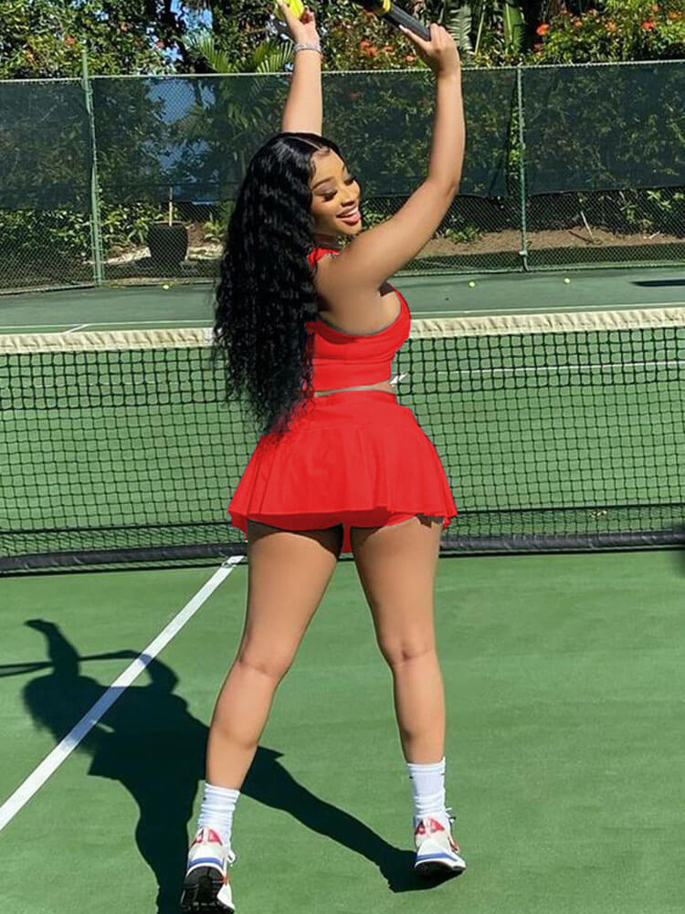Two Piece Sleeveless Tank Crop Top & Pleated Mini Skirt